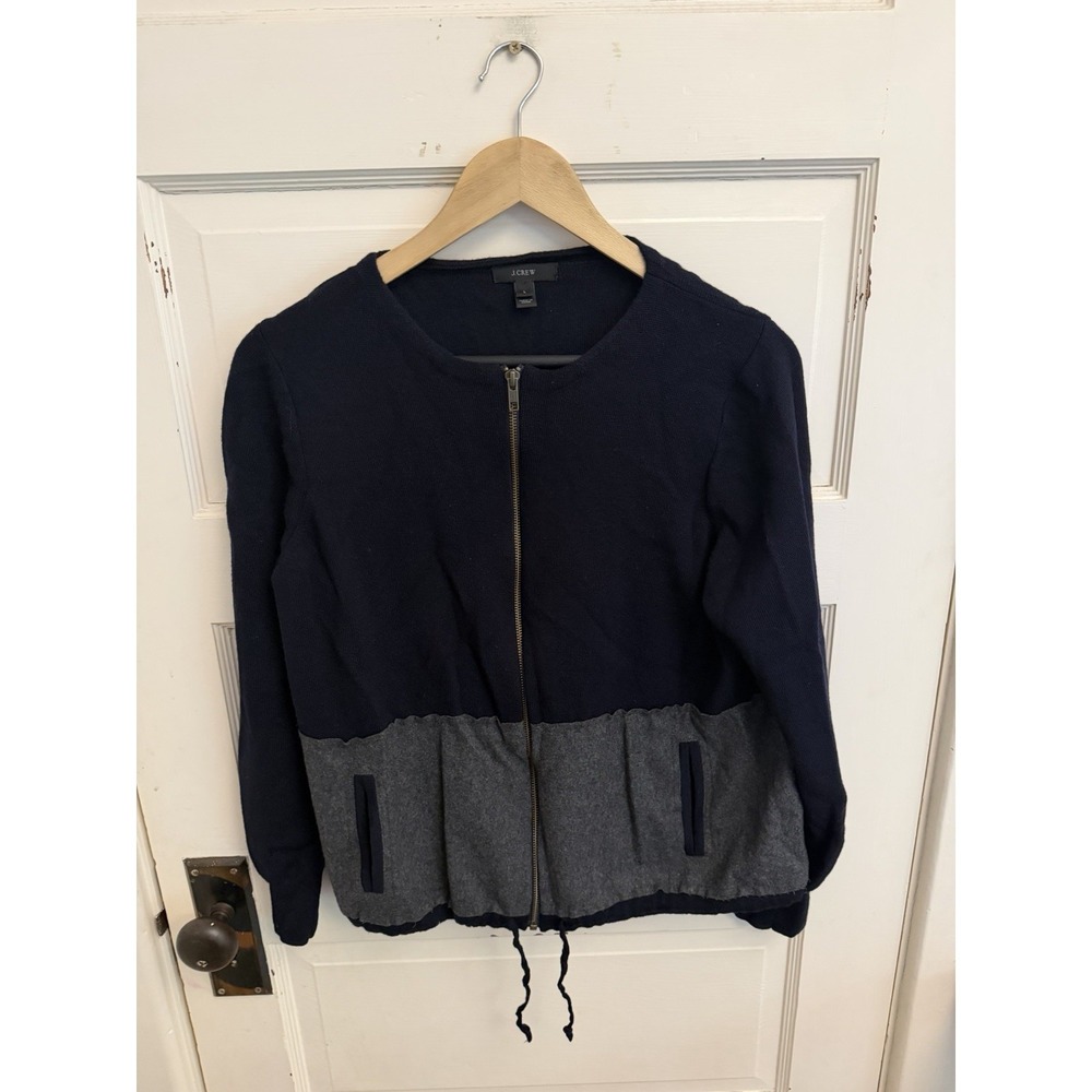 J.Crew Women's Navy & Gray Merino Wool Full Zip‎ Sweater Pockets Size Large